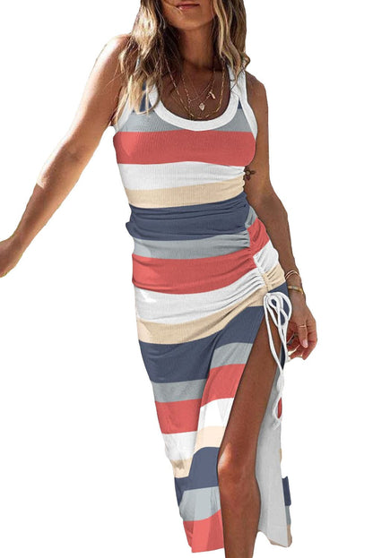 Striped Colorful Ribbed Knit Lace-Up Tank Dress with Slit