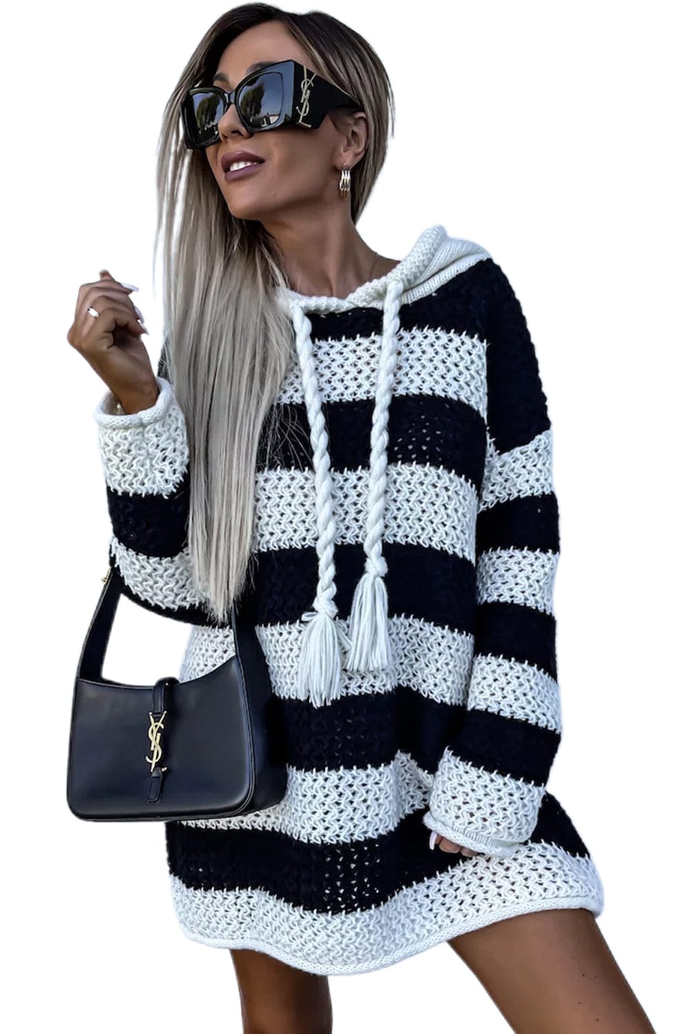 Striped Crochet Hooded Sweater Dress with Tassel Accents