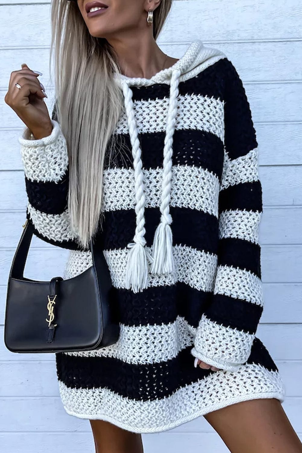Striped Crochet Hooded Sweater Dress with Tassel Accents