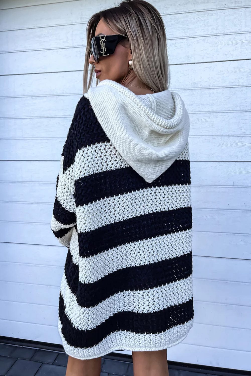 Striped Crochet Hooded Sweater Dress with Tassel Accents