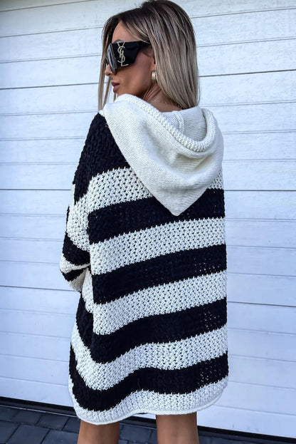 Striped Crochet Hooded Sweater Dress with Tassel Accents