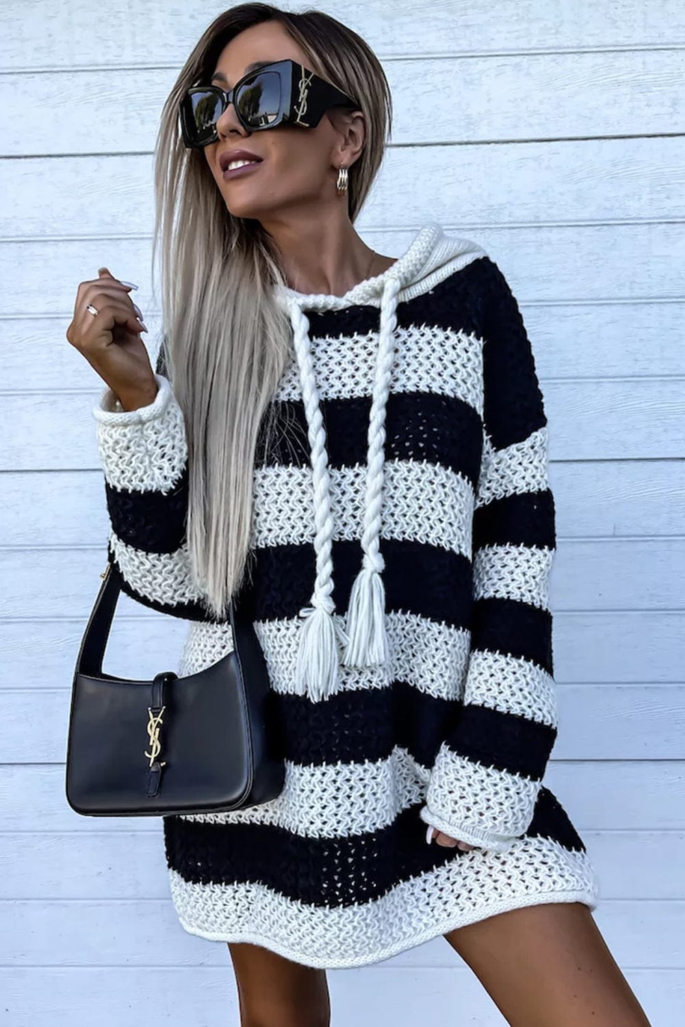 Striped Crochet Hooded Sweater Dress with Tassel Accents