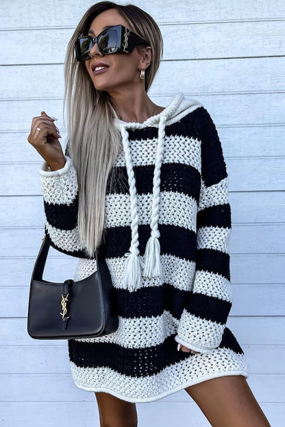 Striped Crochet Hooded Sweater Dress with Tassel Accents