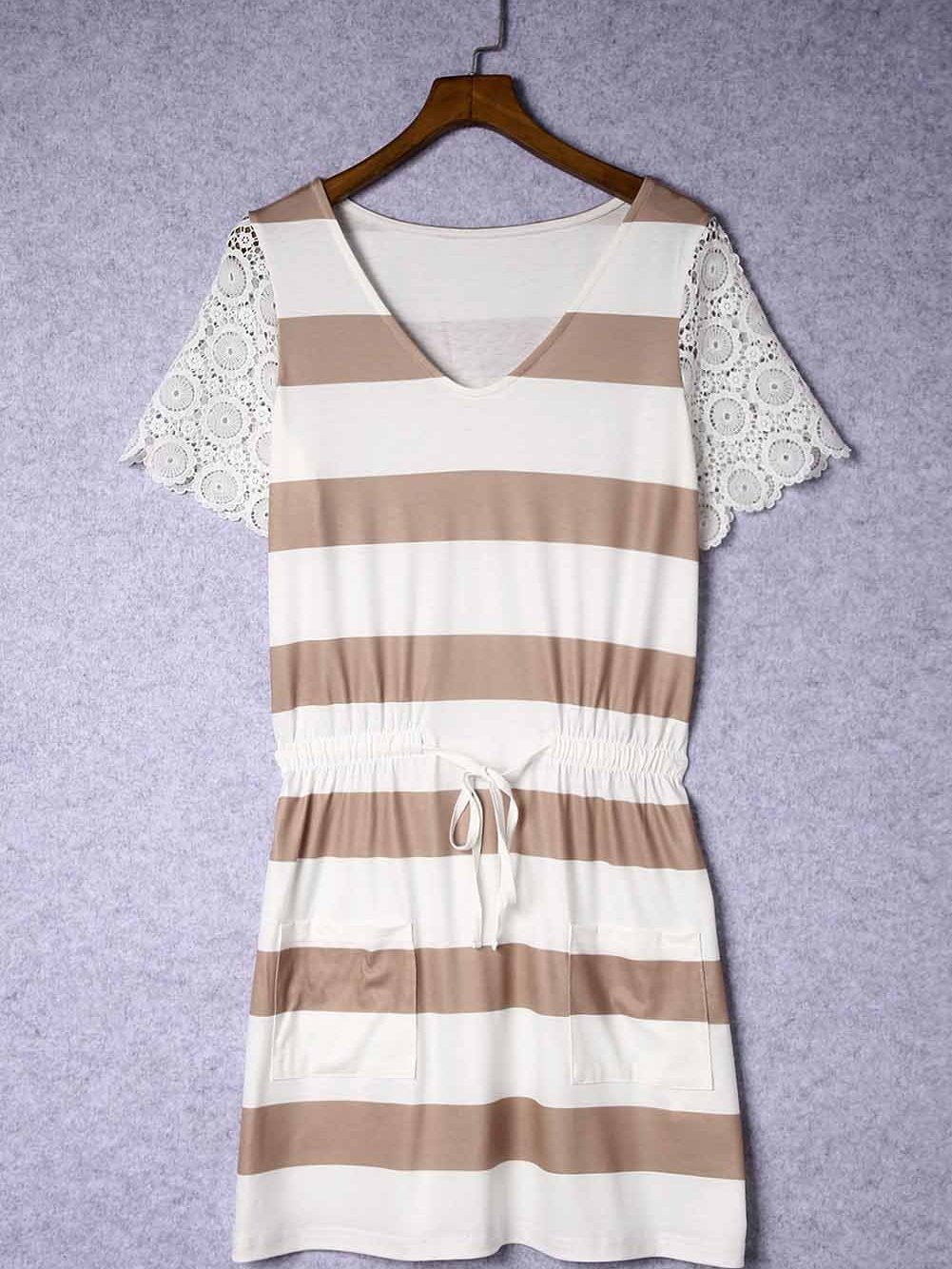 Striped Drawstring White Lace Crochet Mini Dress with Short Sleeves