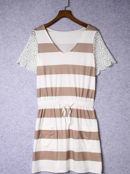 Striped Drawstring White Lace Crochet Mini Dress with Short Sleeves