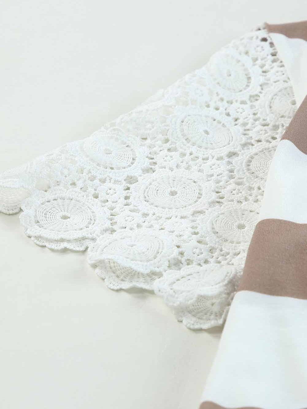 Striped Drawstring White Lace Crochet Mini Dress with Short Sleeves