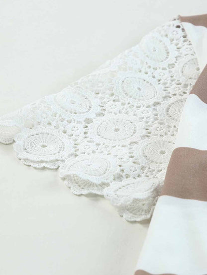 Striped Drawstring White Lace Crochet Mini Dress with Short Sleeves