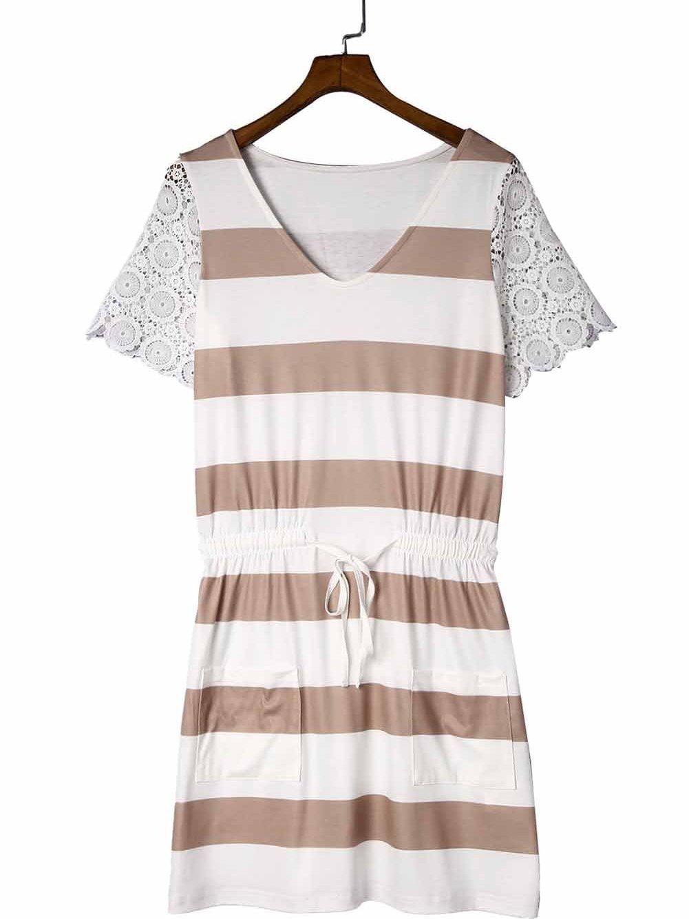 Striped Drawstring White Lace Crochet Mini Dress with Short Sleeves