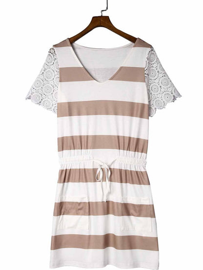 Striped Drawstring White Lace Crochet Mini Dress with Short Sleeves