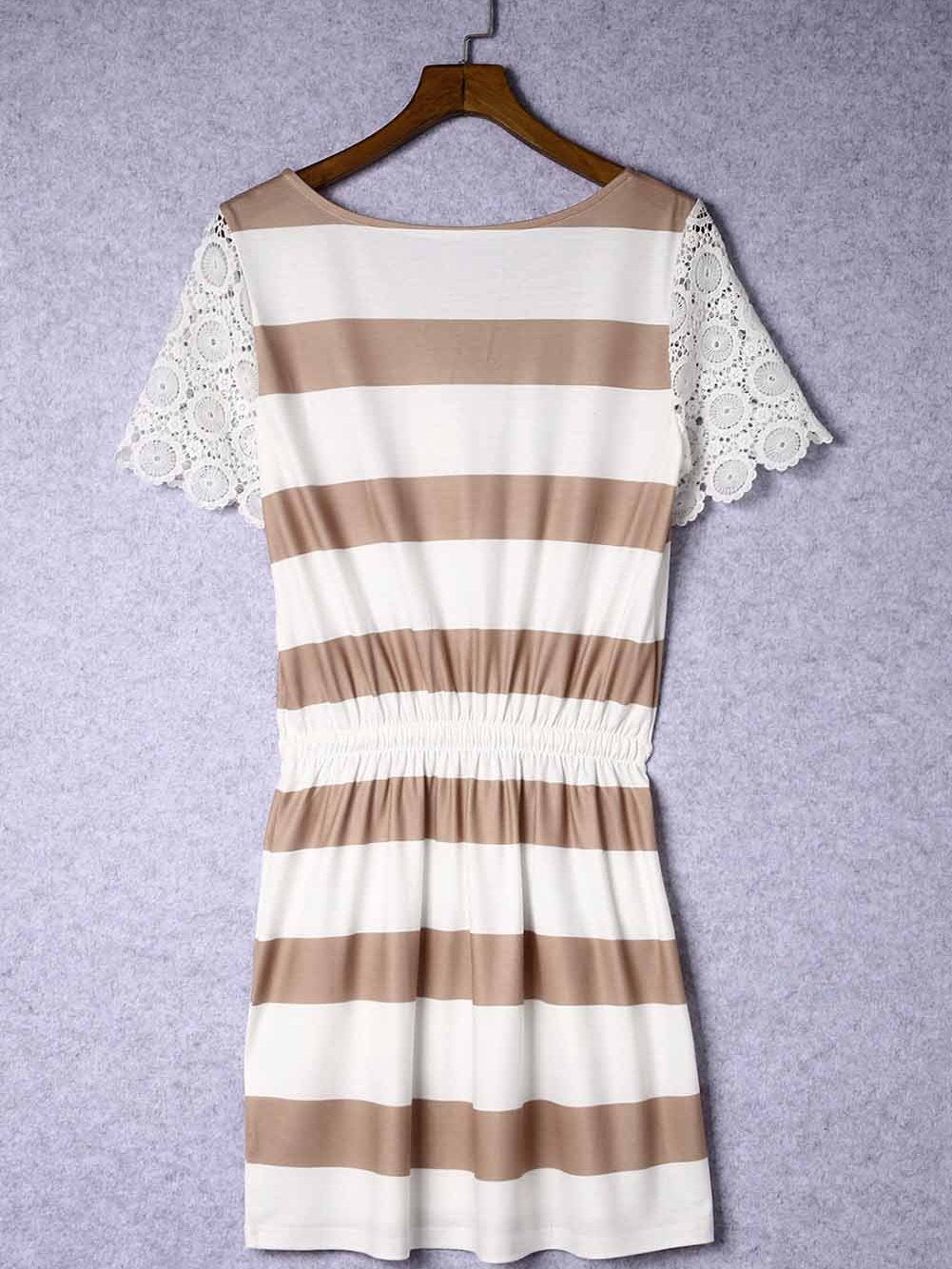 Striped Drawstring White Lace Crochet Mini Dress with Short Sleeves