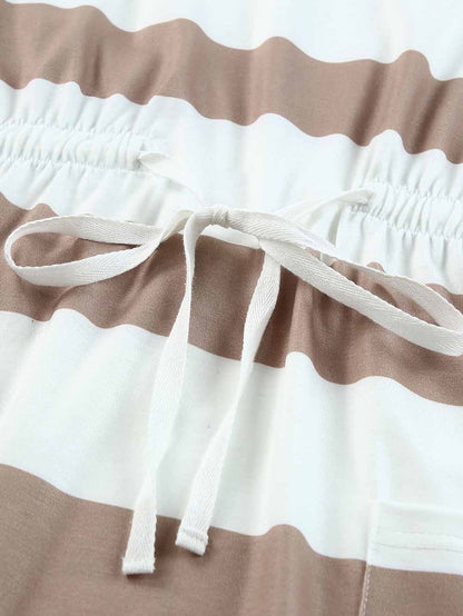 Striped Drawstring White Lace Crochet Mini Dress with Short Sleeves