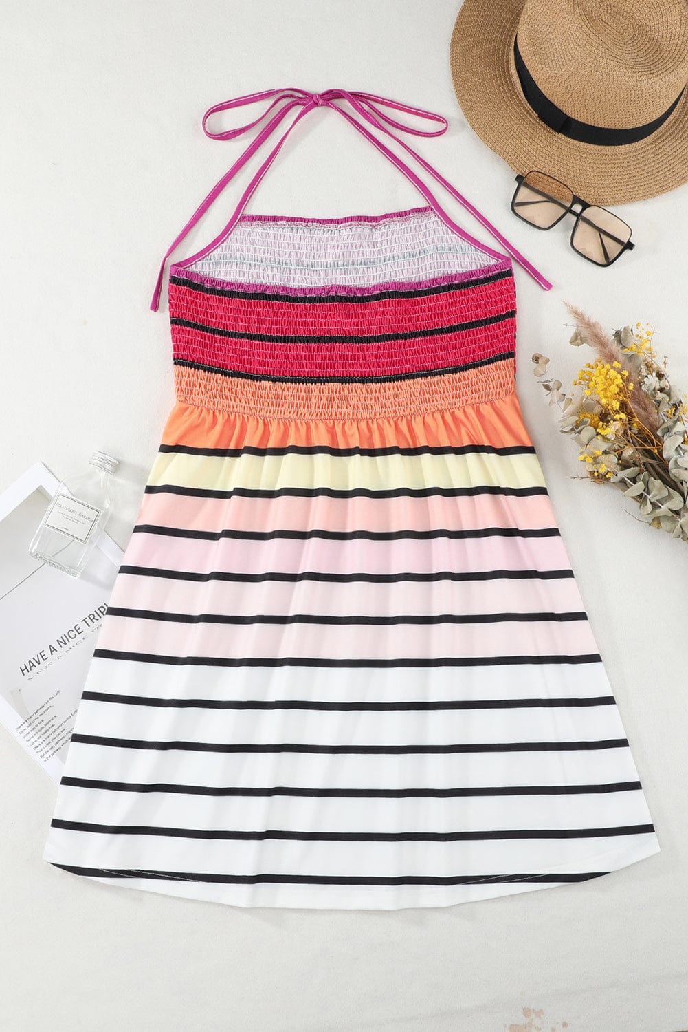 Striped Gradient Smocked Halter Fit and Flare Mini Dress