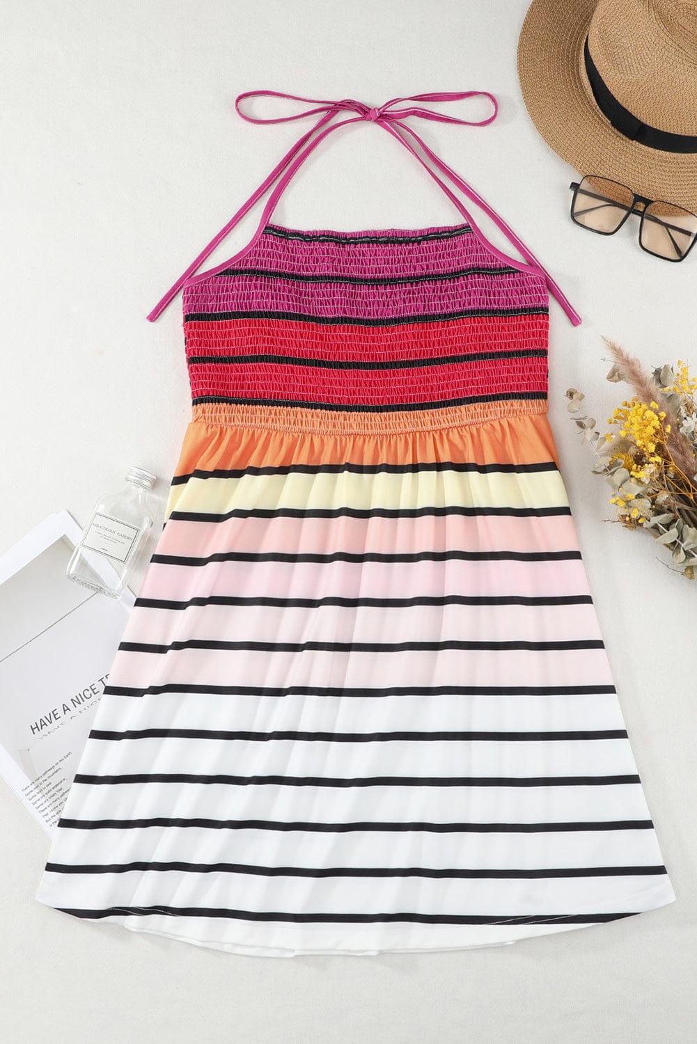 Striped Gradient Smocked Halter Fit and Flare Mini Dress