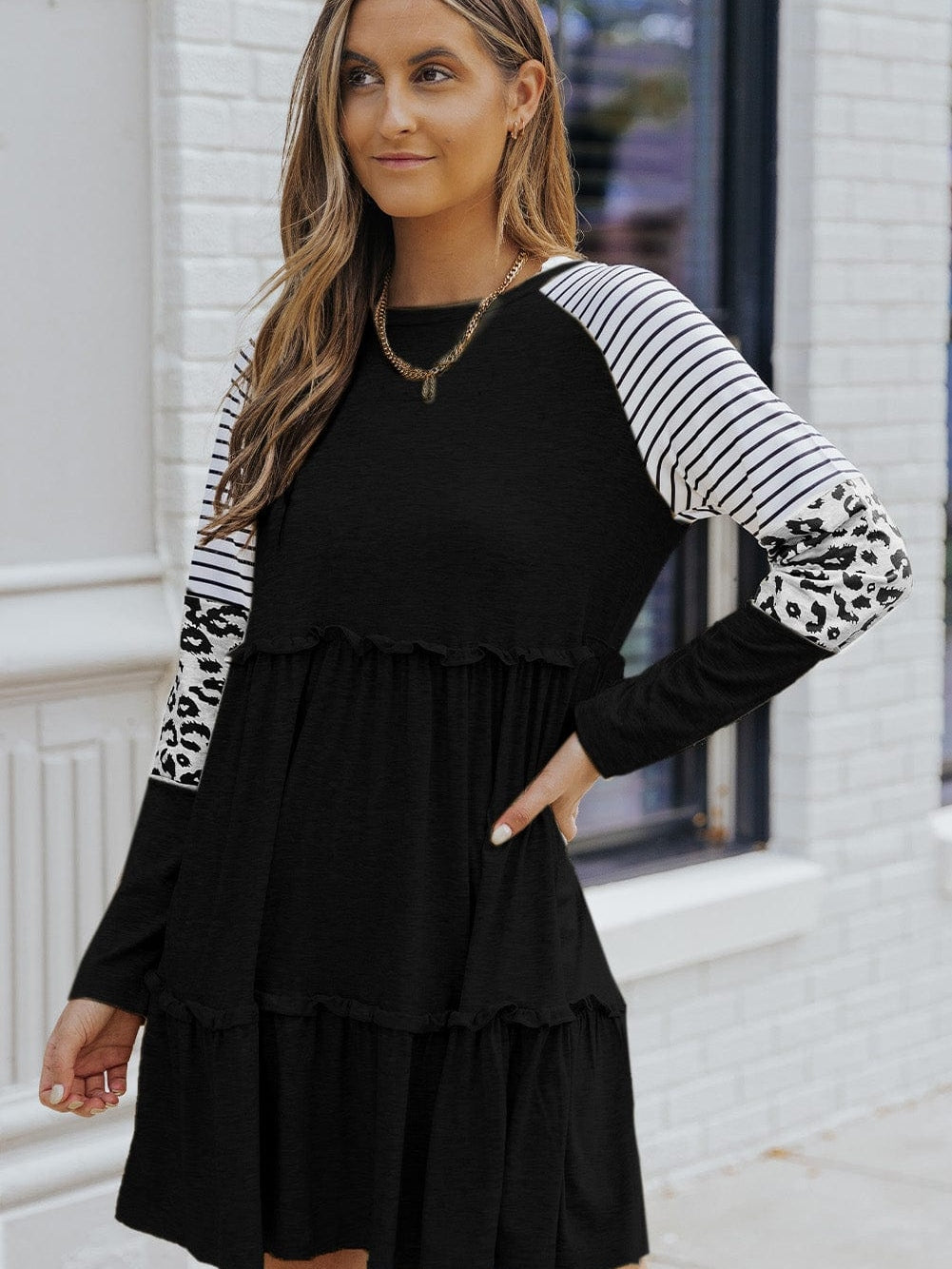Striped Leopard Patchwork Knee-Length Dress with Long Sleeves