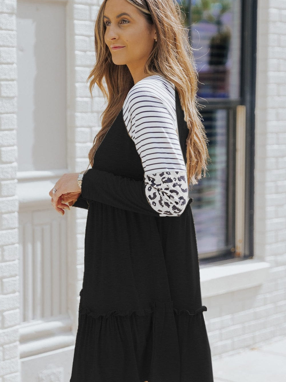 Striped Leopard Patchwork Knee-Length Dress with Long Sleeves