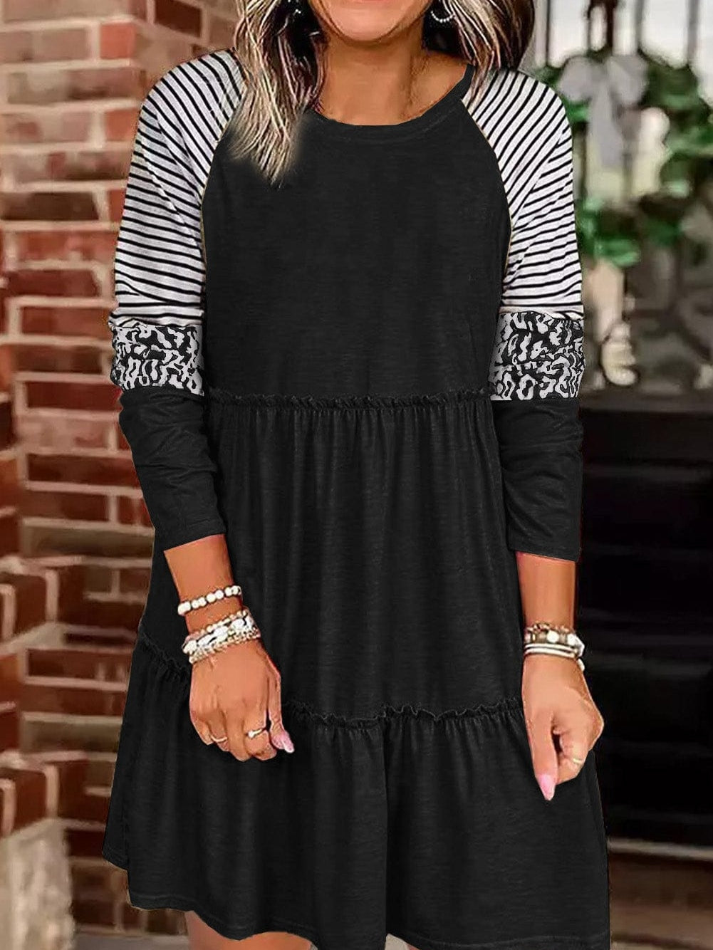 Striped Leopard Patchwork Knee-Length Dress with Long Sleeves