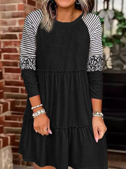 Striped Leopard Patchwork Knee-Length Dress with Long Sleeves