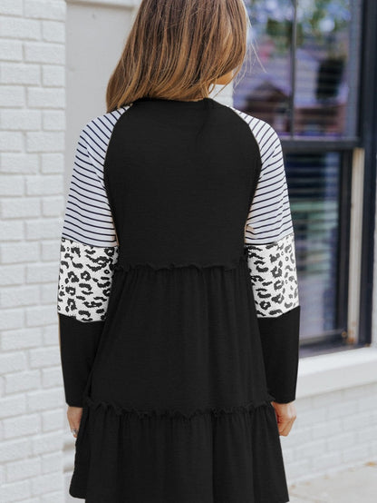 Striped Leopard Patchwork Knee-Length Dress with Long Sleeves