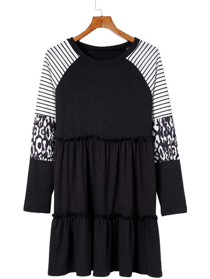 Striped Leopard Patchwork Knee-Length Dress with Long Sleeves