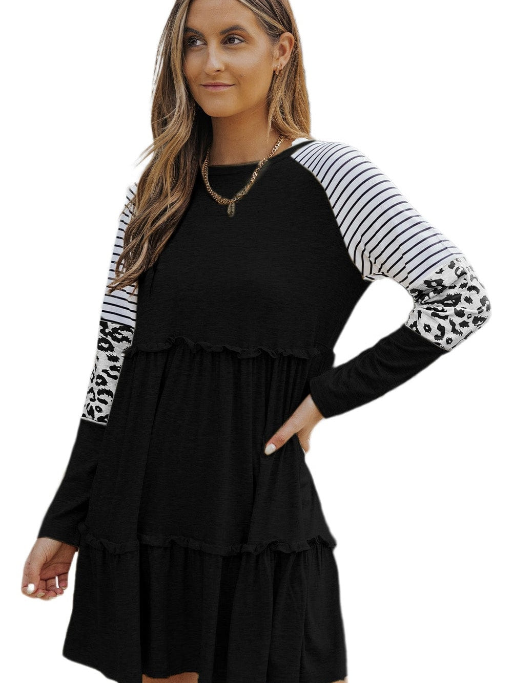 Striped Leopard Patchwork Knee-Length Dress with Long Sleeves