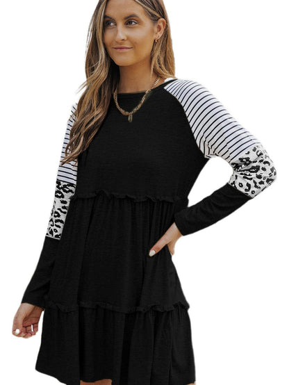 Striped Leopard Patchwork Knee-Length Dress with Long Sleeves