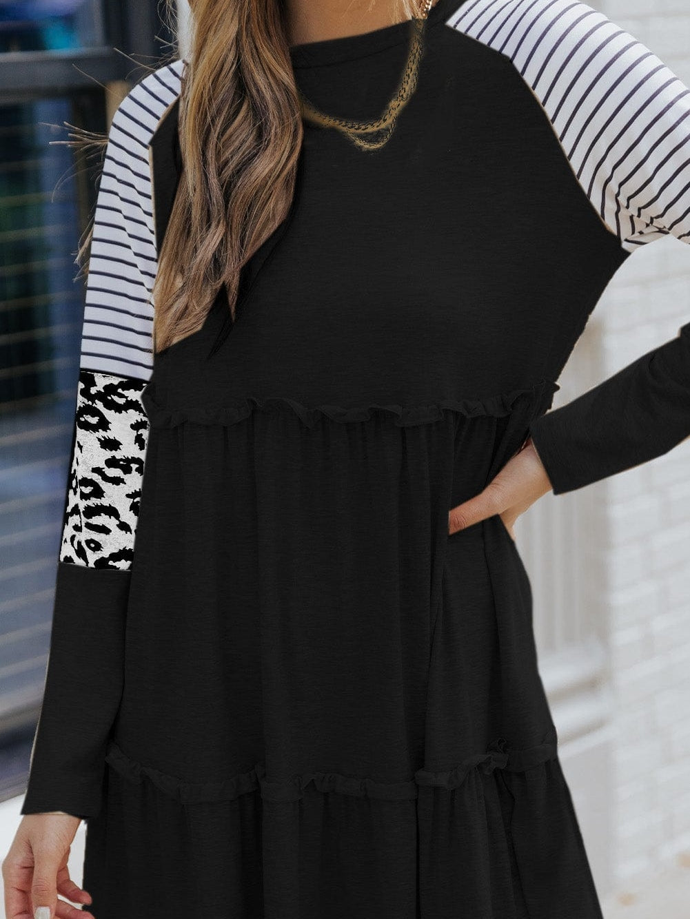 Striped Leopard Patchwork Knee-Length Dress with Long Sleeves