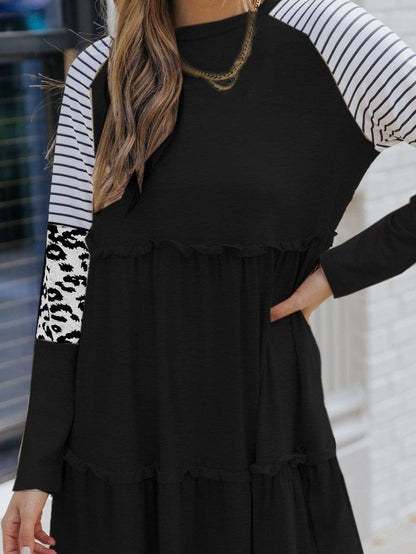 Striped Leopard Patchwork Knee-Length Dress with Long Sleeves