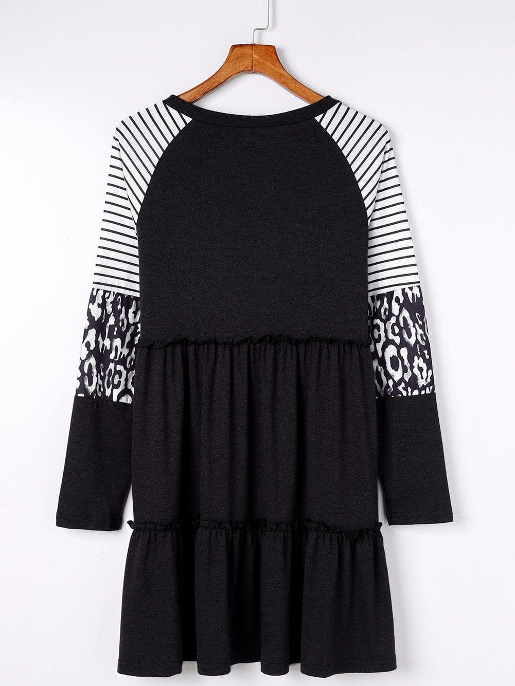 Striped Leopard Patchwork Knee-Length Dress with Long Sleeves