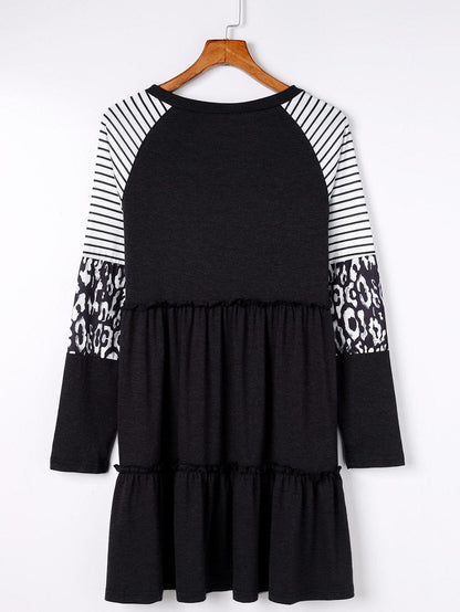 Striped Leopard Patchwork Knee-Length Dress with Long Sleeves