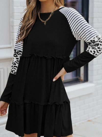 Striped Leopard Patchwork Knee-Length Dress with Long Sleeves