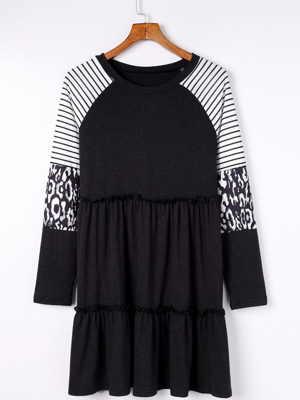 Striped Leopard Patchwork Knee-Length Dress with Long Sleeves