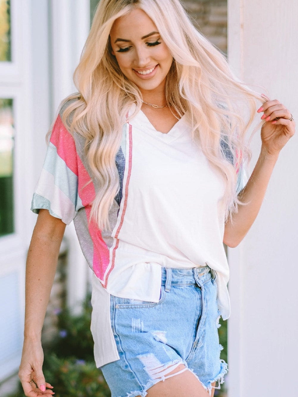 Striped Patchwork V Neck Tee with White Accents