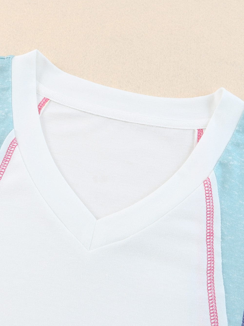 Striped Patchwork V Neck Tee with White Accents