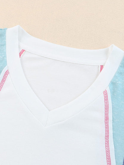 Striped Patchwork V Neck Tee with White Accents