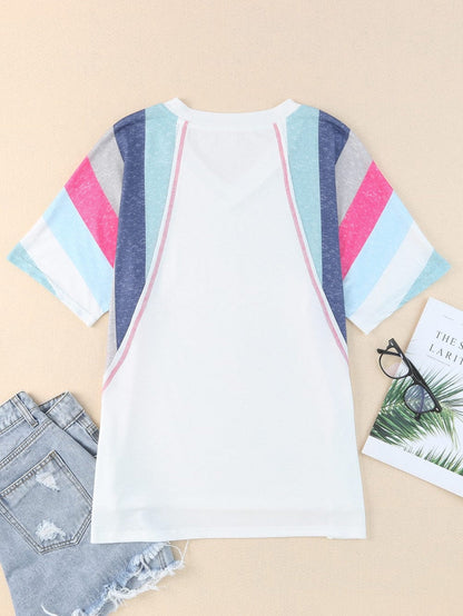 Striped Patchwork V Neck Tee with White Accents