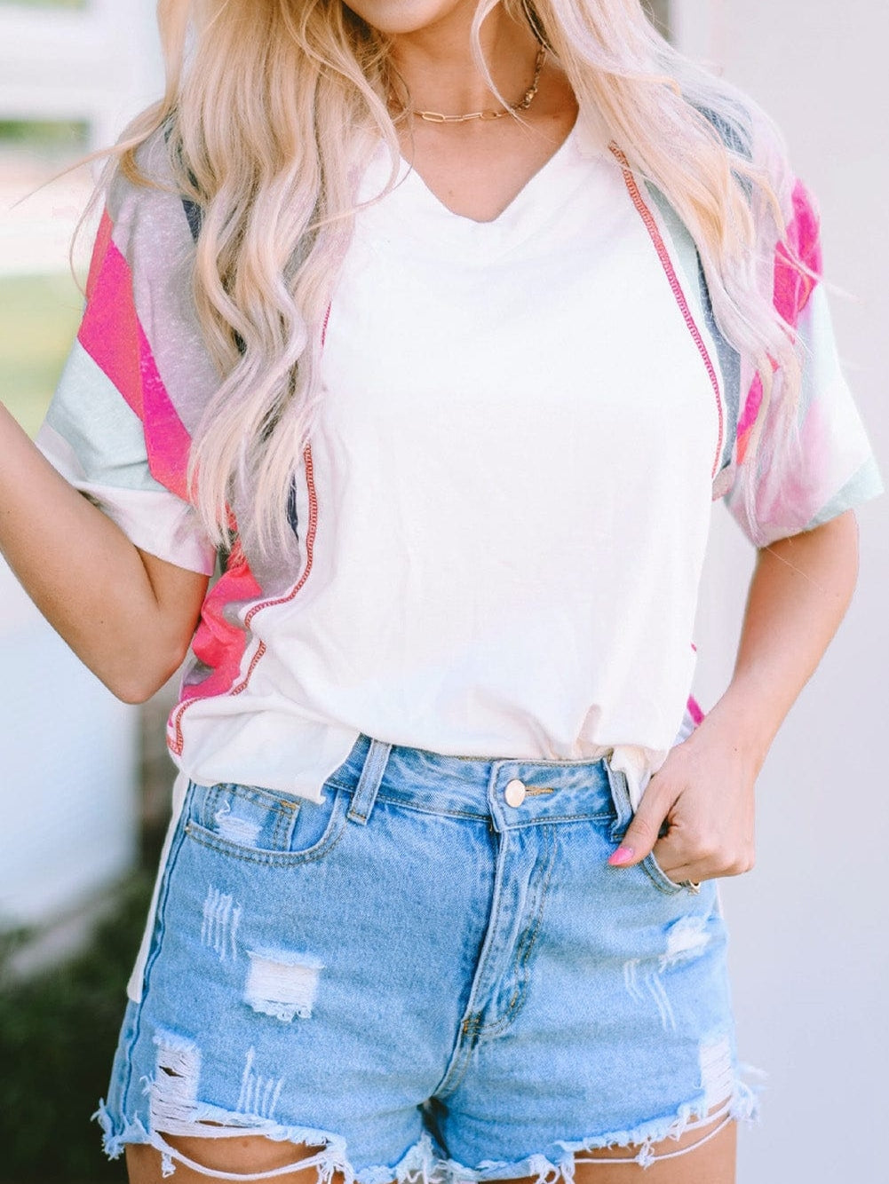 Striped Patchwork V Neck Tee with White Accents