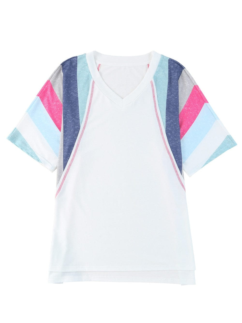 Striped Patchwork V Neck Tee with White Accents