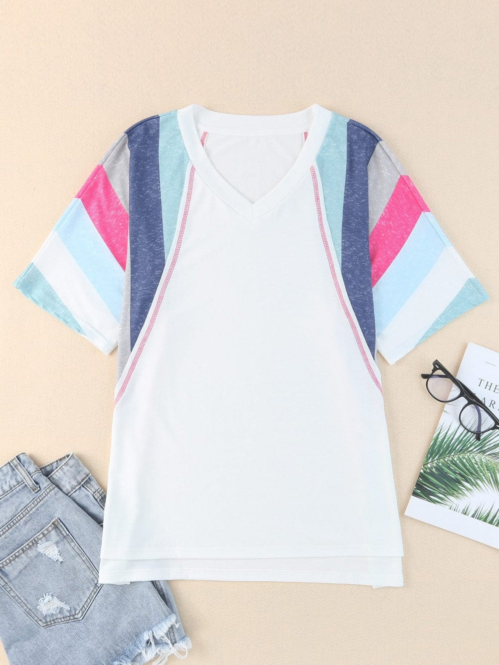 Striped Patchwork V Neck Tee with White Accents
