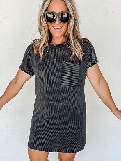Striped Ribbed Blue T-shirt Dress with Pocket Detail