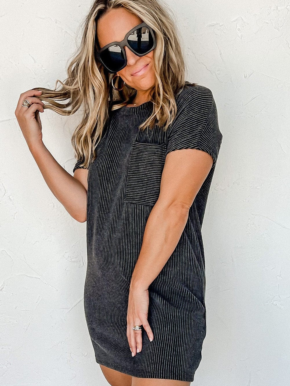 Striped Ribbed Blue T-shirt Dress with Pocket Detail