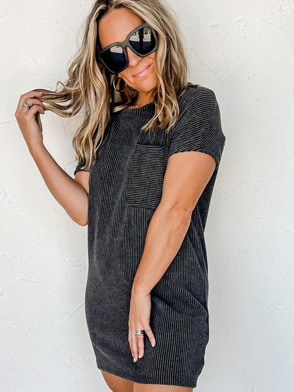 Striped Ribbed Blue T-shirt Dress with Pocket Detail