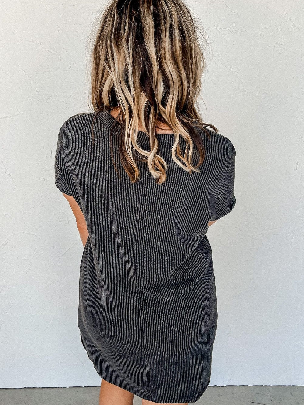 Striped Ribbed Blue T-shirt Dress with Pocket Detail