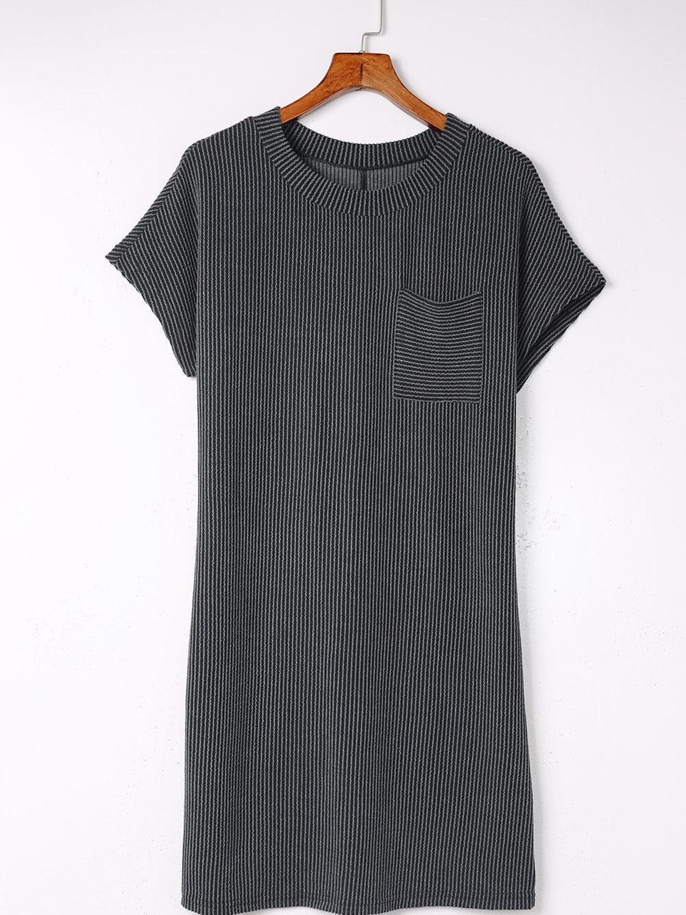 Striped Ribbed Blue T-shirt Dress with Pocket Detail