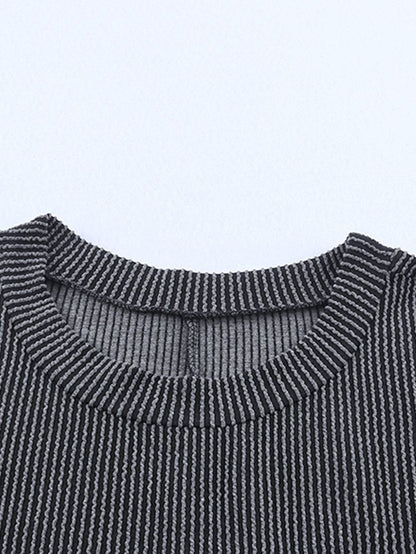 Striped Ribbed Blue T-shirt Dress with Pocket Detail