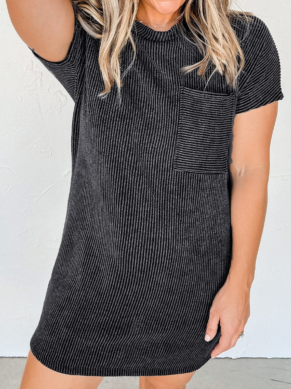 Striped Ribbed Blue T-shirt Dress with Pocket Detail