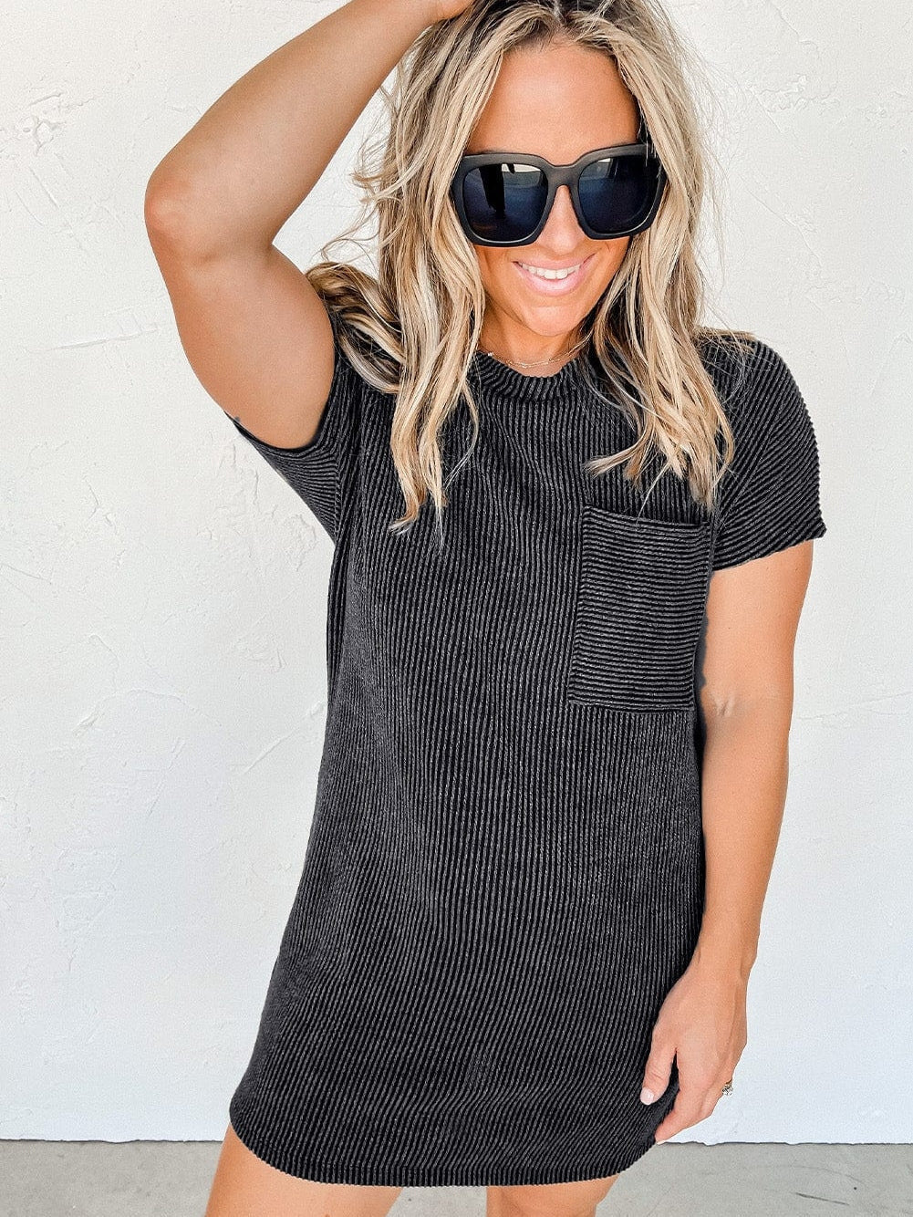 Striped Ribbed Blue T-shirt Dress with Pocket Detail