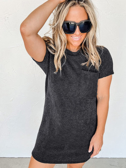 Striped Ribbed Blue T-shirt Dress with Pocket Detail