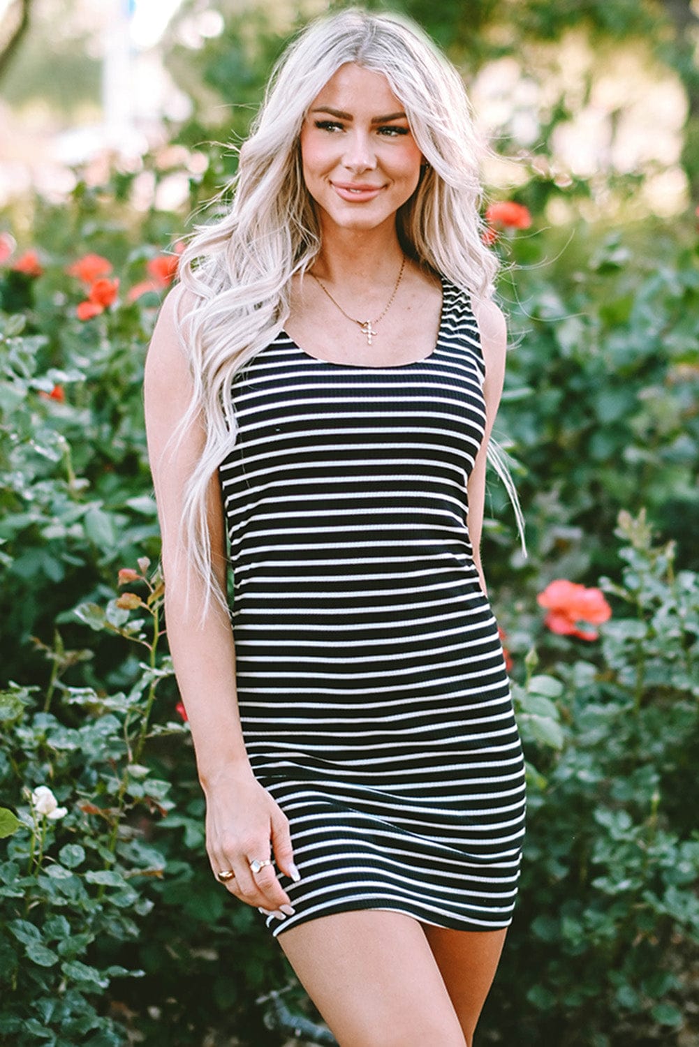 Striped Ribbed Knit Sleeveless Bodycon Mini Dress