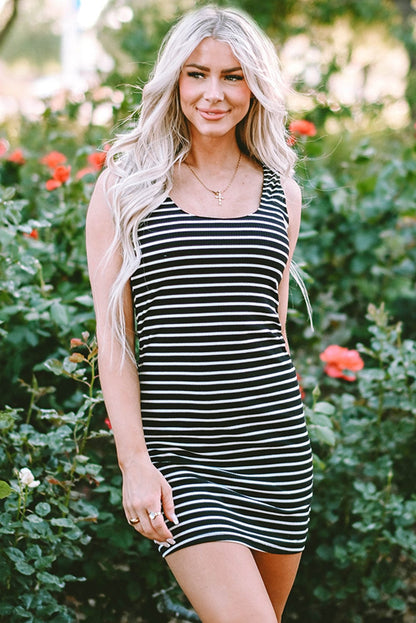 Striped Ribbed Knit Sleeveless Bodycon Mini Dress