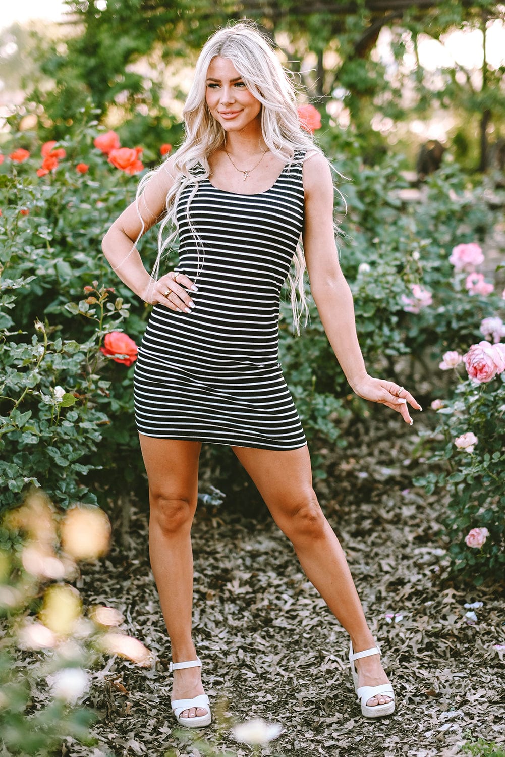 Striped Ribbed Knit Sleeveless Bodycon Mini Dress